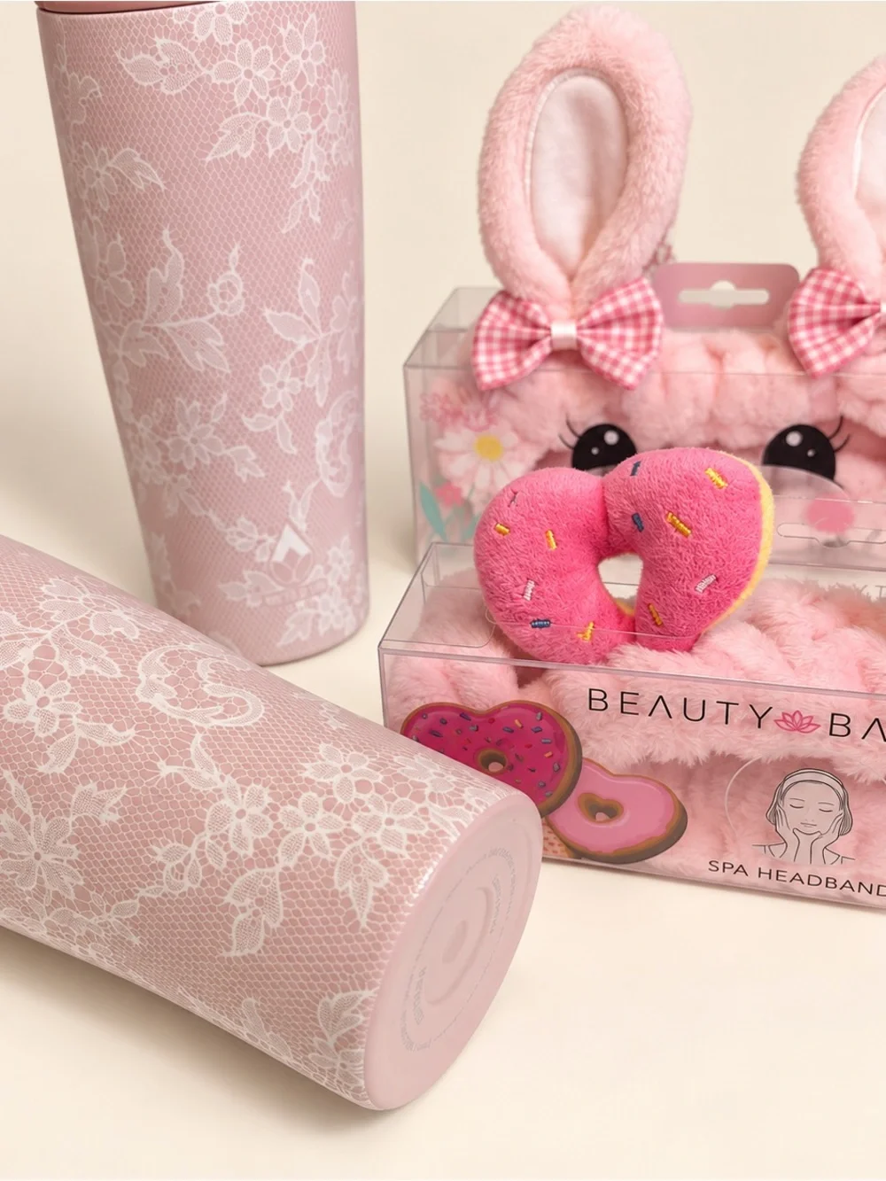 Pink Tumbler & Spa Headband Gift Bundle – 7 Pieces